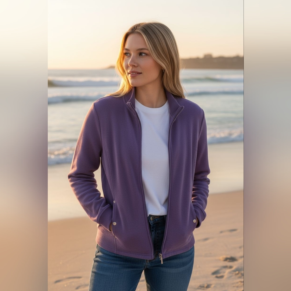 Karen Scott‎ Coastal Zip Jacket L Purple Cotton Sport Casual Preppy Nautical